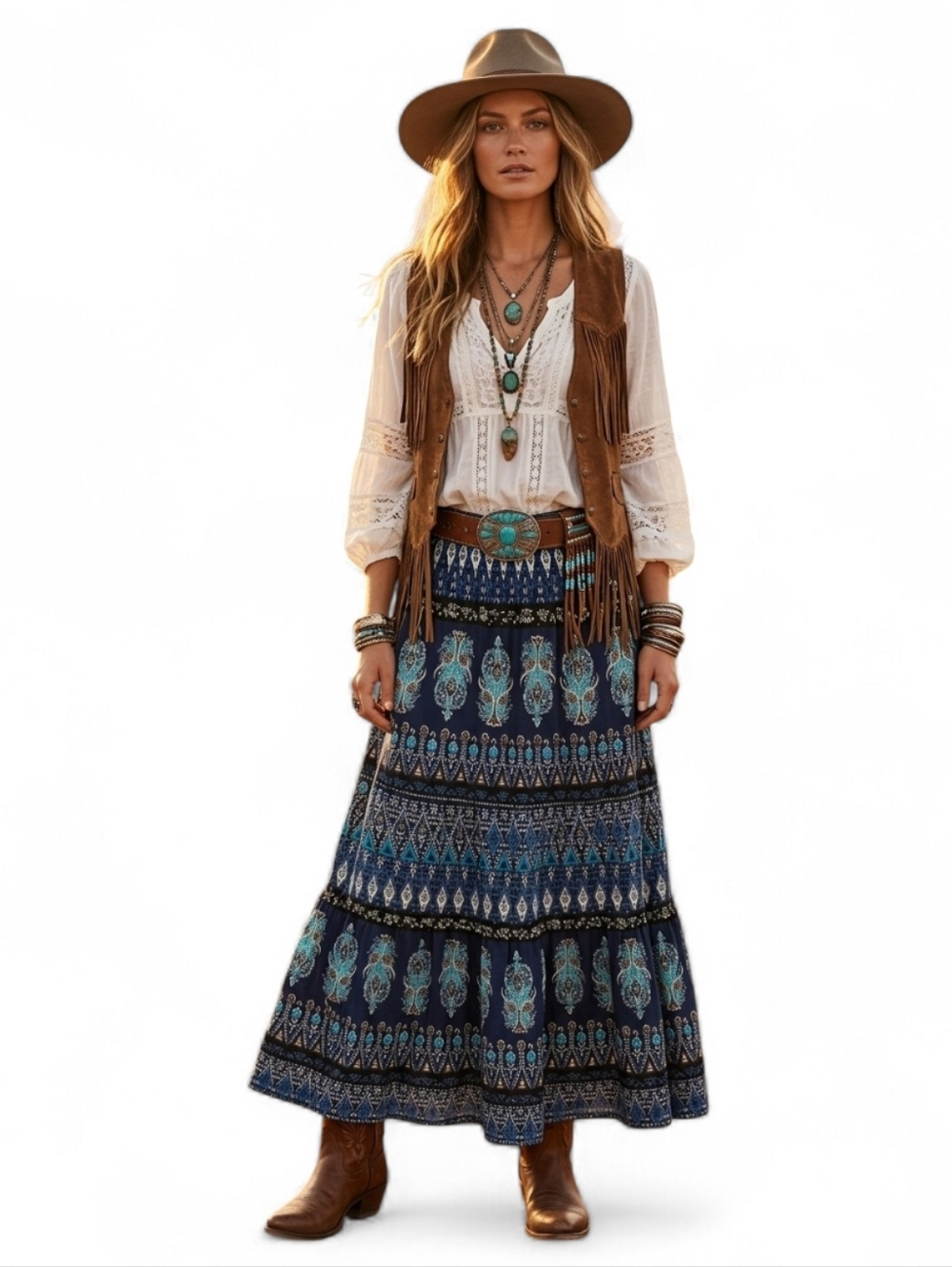 Boho Paisley Tiered Maxi Skirt Stretchy Blue Patterned Elastic Waist XL